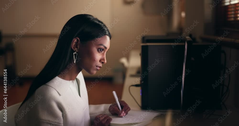 Poster woman, student and writing notes on computer for studying, e learning and planning goals, ideas and 