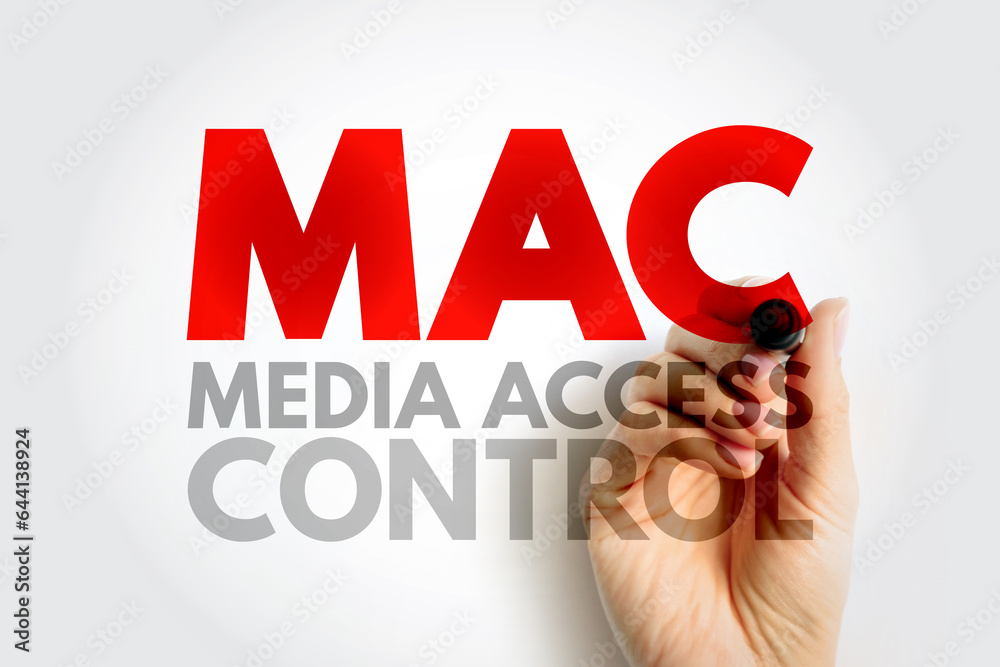 Poster MAC Media Access Control - network data transfer policy that determines how data is transmitted between two computer terminals, acronym text concept background
