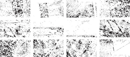 Overlay textures set stamp with grunge effect. Old damage Dirty grainy and scratches. Set of different distressed black grain texture. Distress overlay vector textures.	