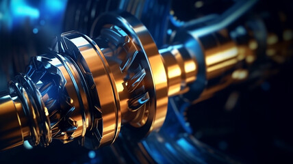 engine crankshaft energy concept macro. the background is golden and indigo.