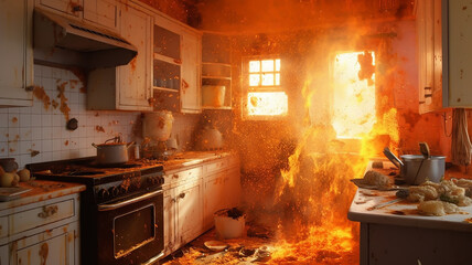 a fire in the kitchen. burning room interior trouble problem.