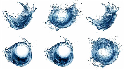 set of whirlpools blue water on a white background.
