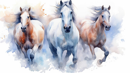 Fototapeta premium running horses watercolor on a white background dynamics composition art.