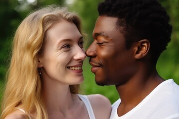 Fototapeta premium happy, love and couple with an interracial couple in nature on a date or holiday together