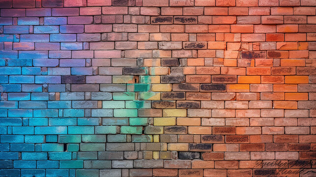 brick wall painted in rainbow colors gradient.