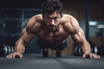 cropped shot of an unrecognisable man doing push ups at the gym