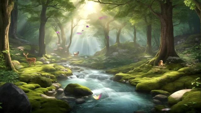 beautiful jungle landscape with river, seamless looping video background animation, cartoon style