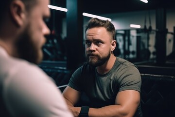 fitness, exercise and fitness trainer coaching client in gym on bench for training, workout