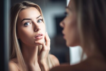 Fototapeta premium cropped shot of a young woman looking at her face in a bathroom mirror
