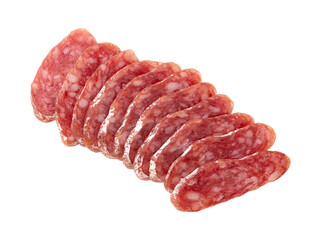 slices of salami isolated on white background with clipping path, concept of tasty food with salami sausage