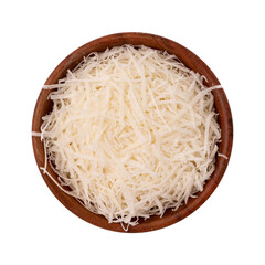 grated cheese parmesan in wooden bowl isolated on white background with clipping path, top view of slices cheese, italian food