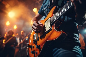Close up of a musician guitar playing a concert on a club stage - obrazy, fototapety, plakaty