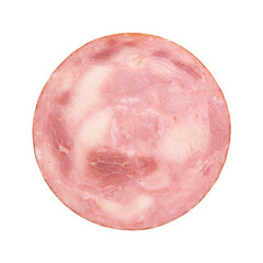 round piece of ham isolated on white background, pork ham cut into slices, with clipping path