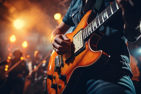 Close up of a musician guitar playing a concert on a club stage
