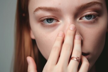 cropped shot of an unrecognizable young woman holding her nose in studio