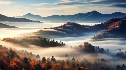 View beauty autumn foggy, landscape background