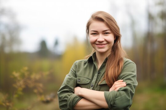 portrait of a smiling young female environmentalist standing with her arms crossed outdoors