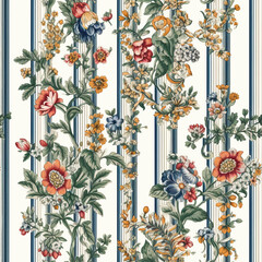 Seamless pattern with flowers, classic country cottage style floral and stripes print for wallpaper, fabric and product design, generative ai