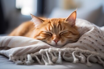Naklejka premium Cute domestic ginger cat sleeps calm and sweetly on a pillow in comfort