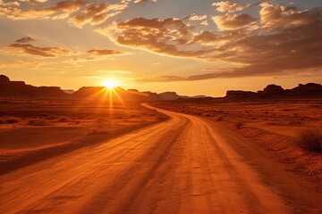 Fototapeta na wymiar Vivid wide angle morning desert road photo. Conception of travelling and adventures