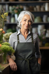 Senior flower shop owner with grey hair standing in her shop. Generative AI