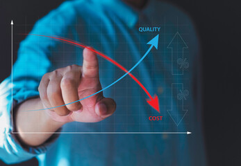 cost reduction concept Businessman with his hands lowering the arrow of the graph Cost text with down arrow, budget, cost management and the concept of efficiency