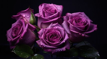 Beautiful pink roses with water drops on black background. Studio shot. Mother's day concept with a space for a text. Valentine day concept with a copy space.