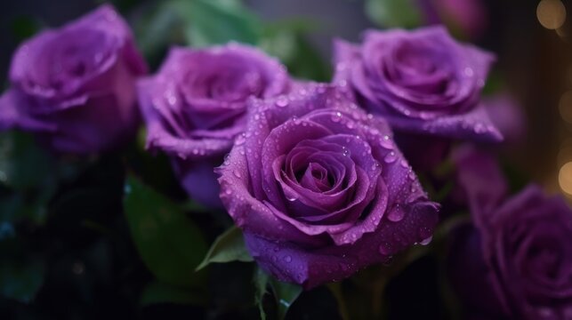 Beautiful purple roses with water drops on petals close-up. Mother's day concept with a space for a text. Valentine day concept with a copy space.