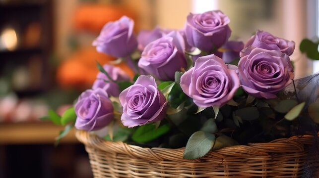 purple roses in a wicker basket on the background of flowers. Mother's day concept with a space for a text. Valentine day concept with a copy space.
