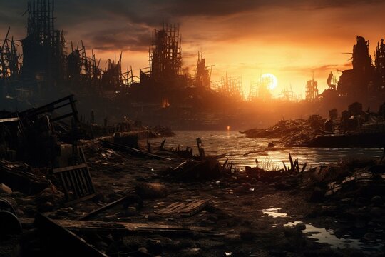 background depicting a city in ruins. Generative AI