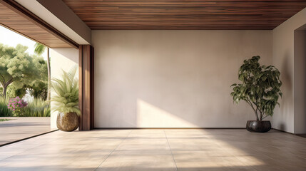 Fototapeta premium Modern loft empty and open room with garden 3d render, wooden plank ceiling and marble floor