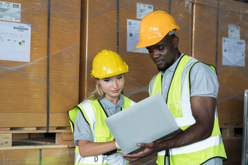 Group of male and female warehouse worker in safety vest and helmet working with laptop computer in industry storage warehouse