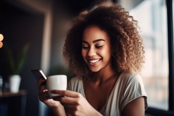 shot of a happy young woman having coffee and using her mobile phone at home