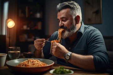 shot of a middle aged man eating pasta at home