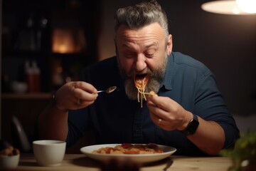 shot of a middle aged man eating pasta at home