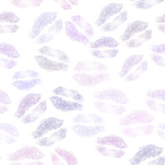 Lip prints, seamless kissing pattern, lilac lipstick. Valentine's Day, festive background.