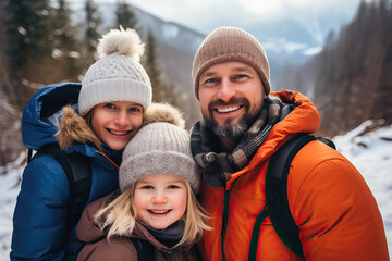 Fototapeta na wymiar portrait of young family hiking in the snow, ai generated