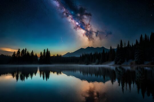  the-night-sky-is-filled-with-stars-and-trees. sunset over lake