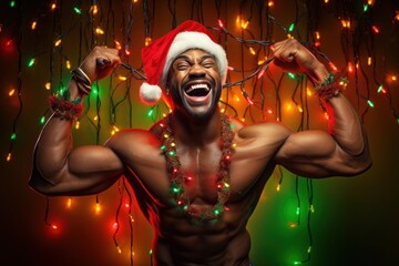 Dark-skinned man wearing a Santa Claus hat.