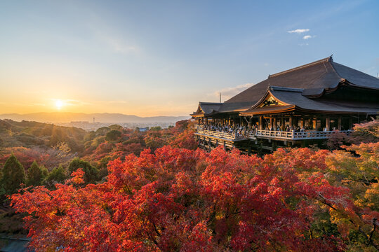 Kiyomizu-dera temple at sunset in autumn season, Kyoto, Japan