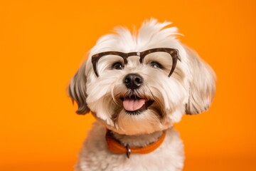 Close-up portrait photography of a smiling havanese dog wearing a hipster glasses against a pastel orange background. With generative AI technology