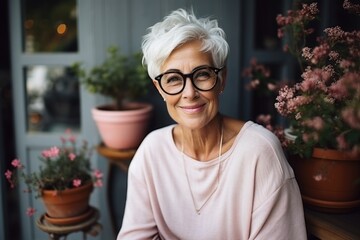 old woman with silver hair, trendy short haircut, wearing trendy clothes, sitting on her backyard or cafe with beautiful flowers and lights.