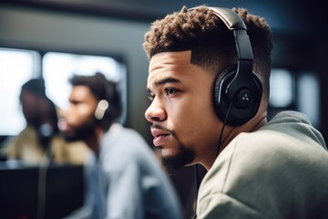 shot of a young man wearing headphones and listening to music at a meeting