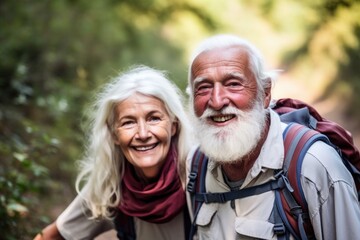 portrait of a happy senior couple going on a hike together in the forest