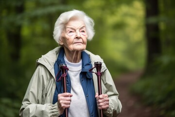 portrait of a senior woman standing outdoors with her hiking poles