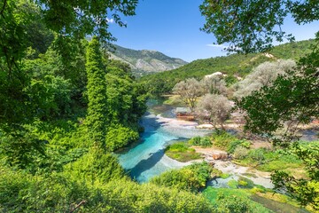 The mesmerizing Blue Eye water spring natural wonder in southern Albania, known for its giant,...