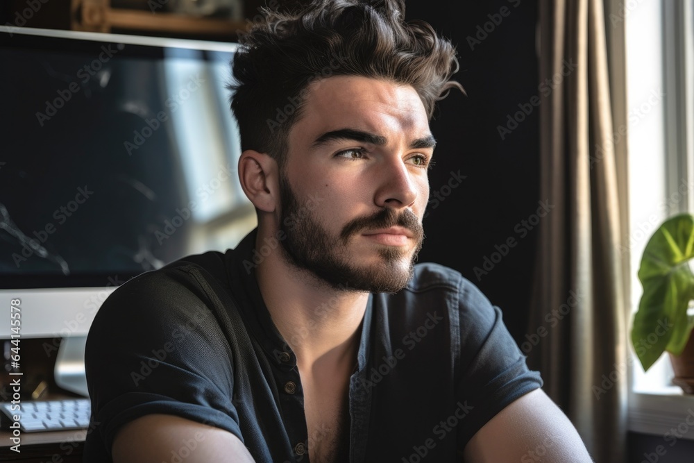 Poster portrait of a handsome young man using a computer in his home office