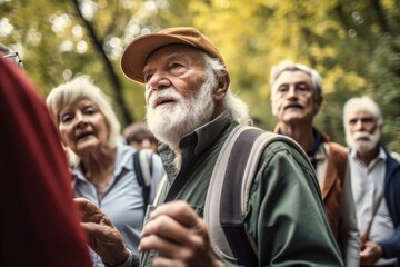 Fototapeta na wymiar shot of a senior man showing nature to a group of seniors