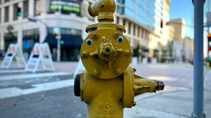 Wide, landscape photo of yellow fire plug (fire hydrant) with googly eyes on a street corner in...