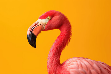 Pink flamingo on yellow background, side view